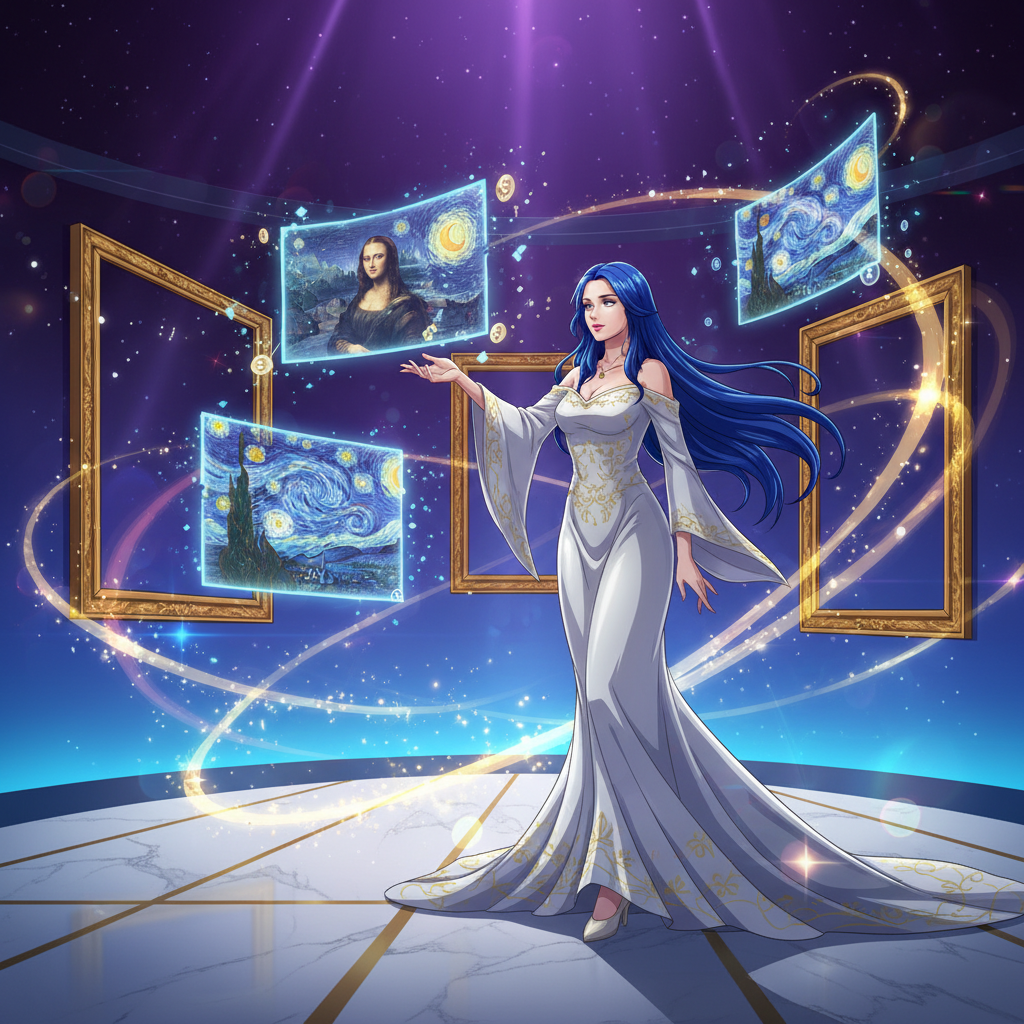 Anime art curator transforming physical paintings into blockchain tokens in futuristic gallery