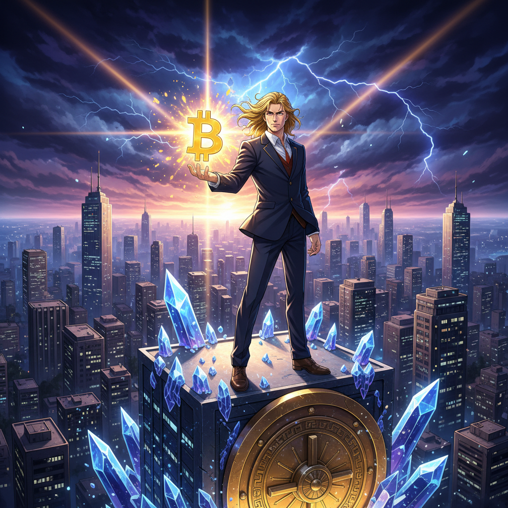 Anime executive holding glowing Bitcoin above corporate cityscape during storm