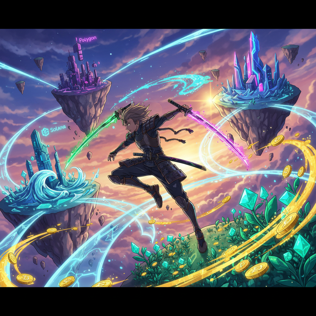 Anime warrior jumping between blockchain islands representing cross-chain yield farming