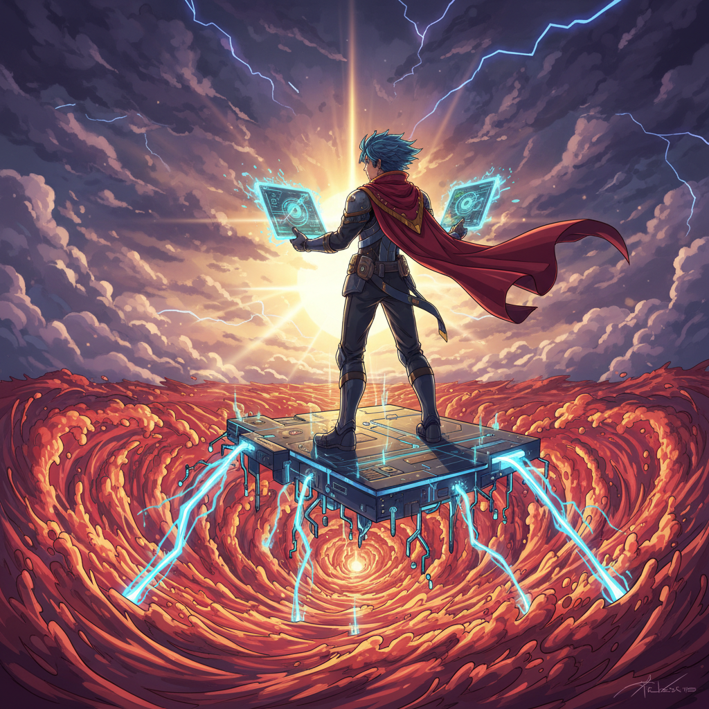 Anime trader navigating crypto liquidation cascade storm with glowing market data