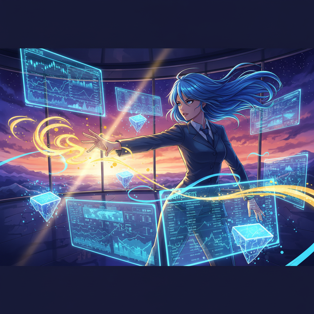 Anime trader surrounded by dissolving liquidity streams in futuristic trading environment