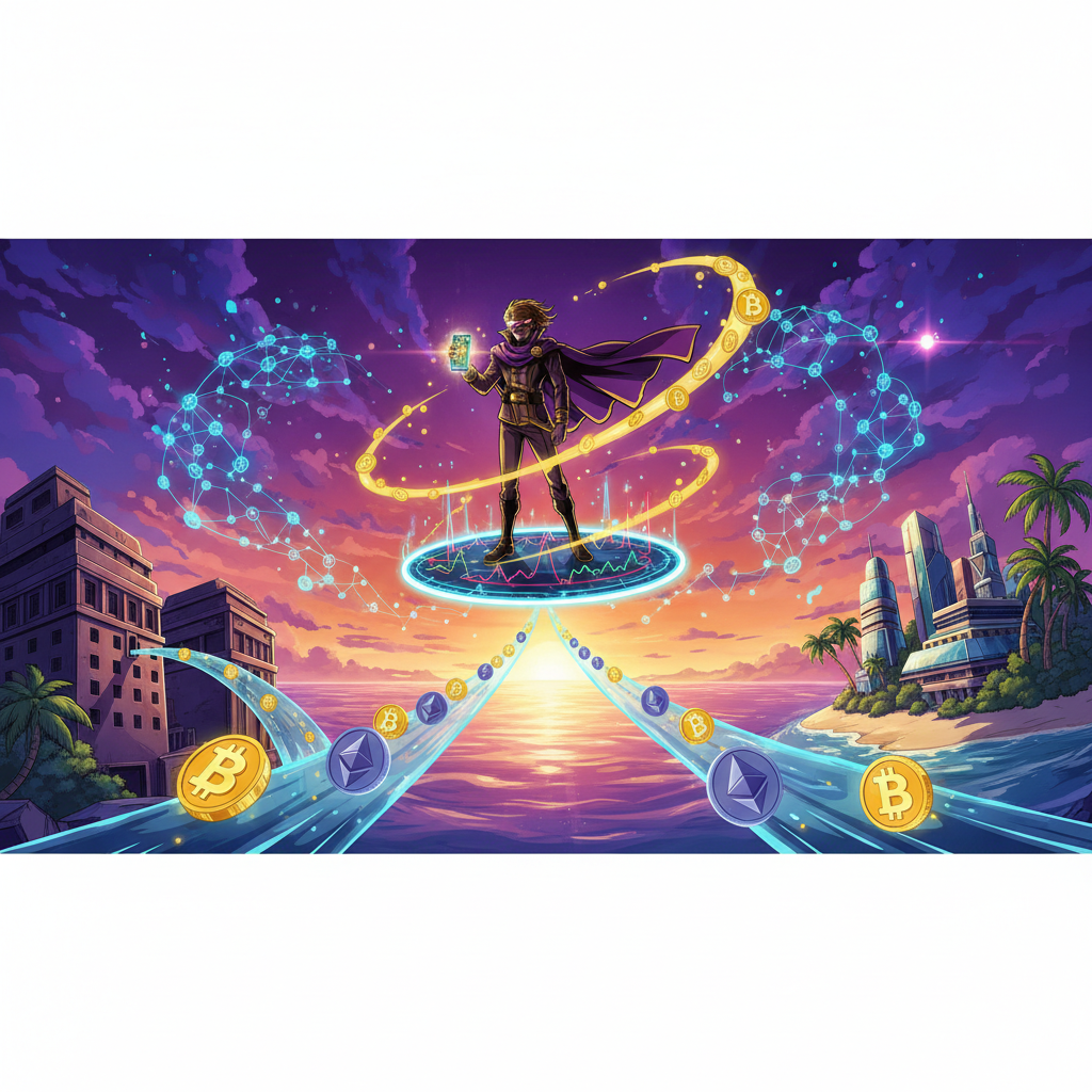 Anime crypto trader directing digital asset flows from government buildings to paradise