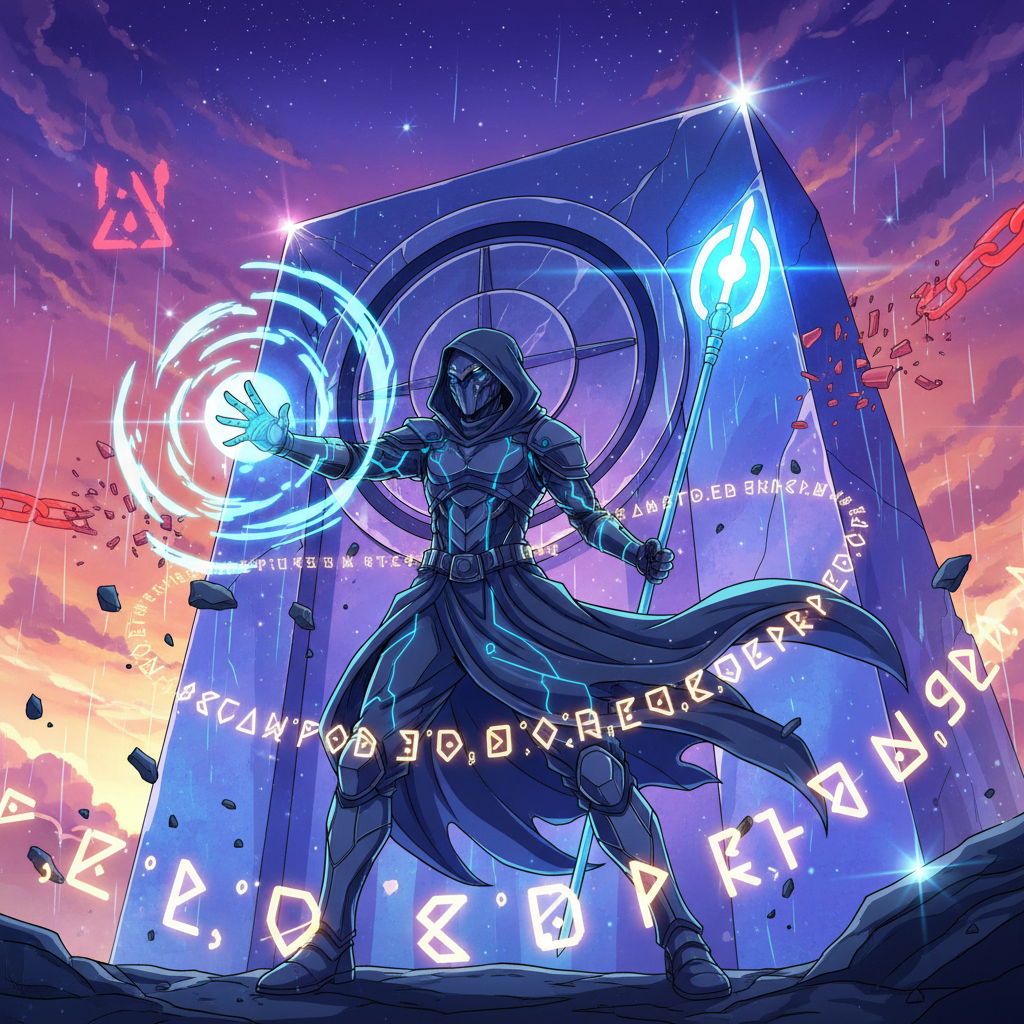 Anime cyber-warrior protecting digital wallet with floating seed phrase security elements