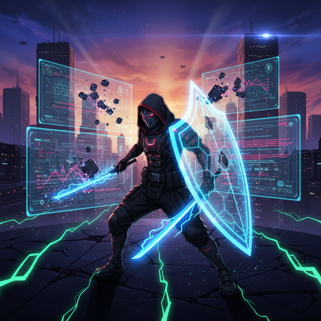 Anime cyber warrior launching zero-day attacks on DeFi protocols with digital weapons