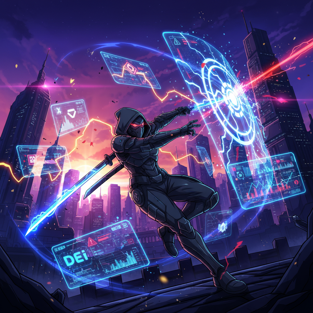 Anime cyber-ninja executing flash loan attacks across DeFi protocols with energy effects