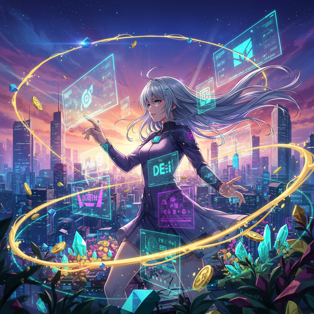 Anime character managing AI-powered DeFi yield optimization with holographic interfaces