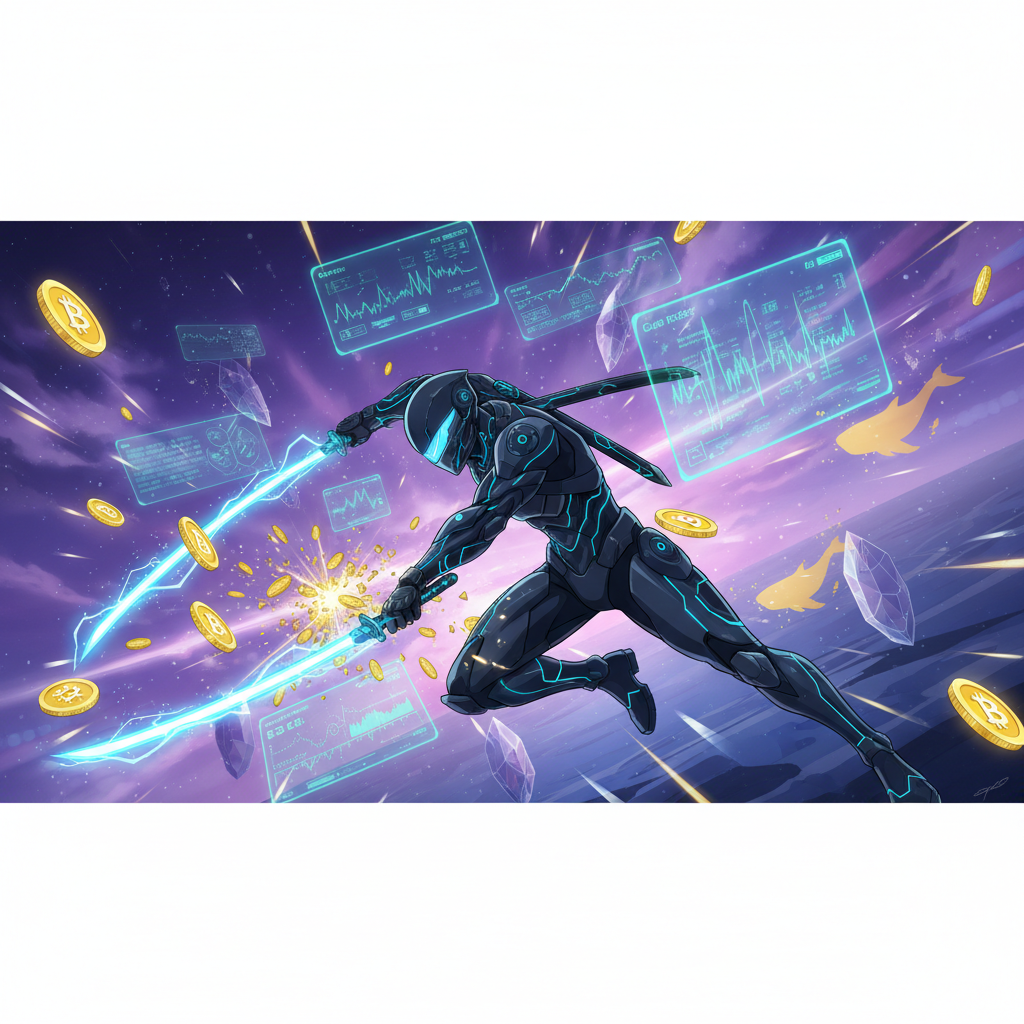 Anime cyber-ninja extracting digital value with lightning-fast precision amid blockchain data