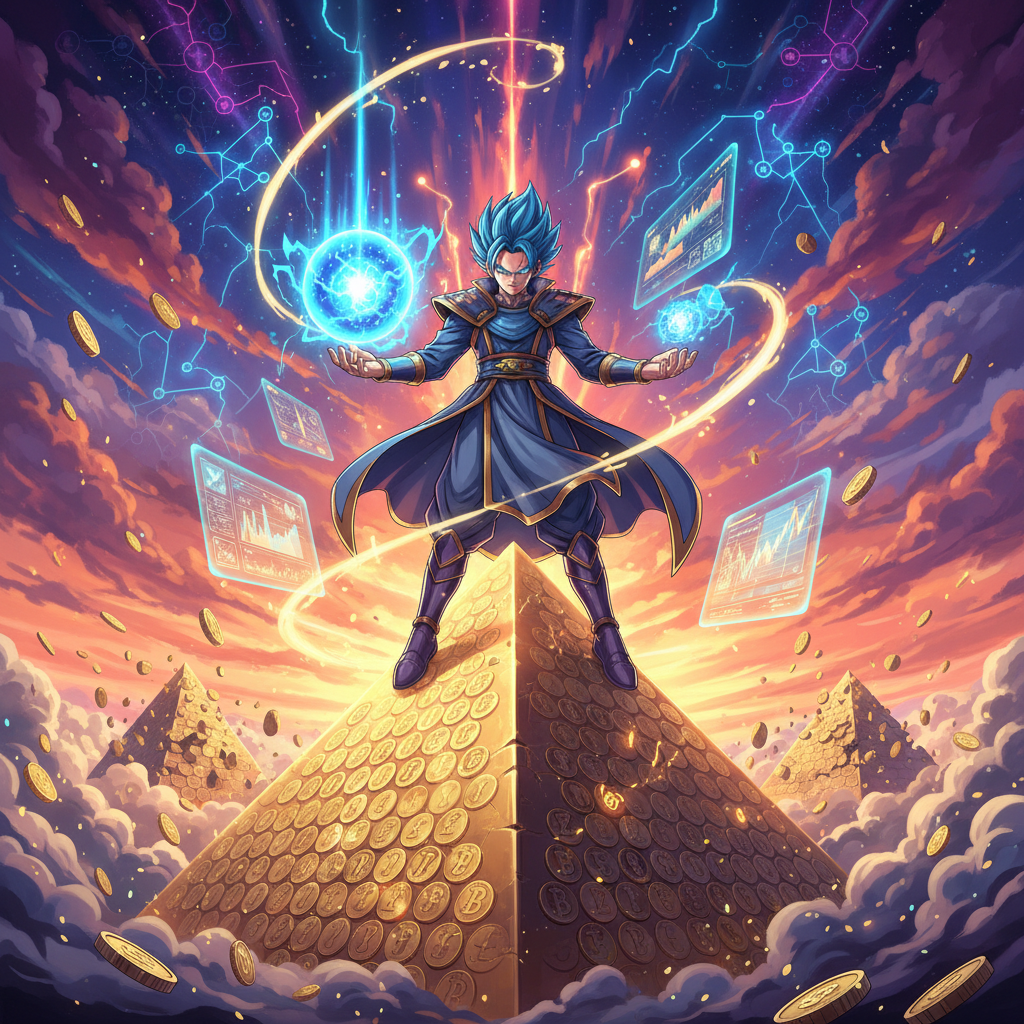 Anime warrior representing stablecoin market dominance with golden digital pyramid