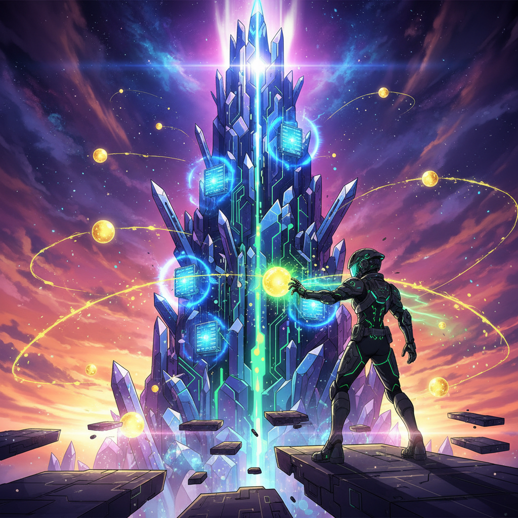 Anime character reaching for decentralized validator nodes in crystalline Web3 network