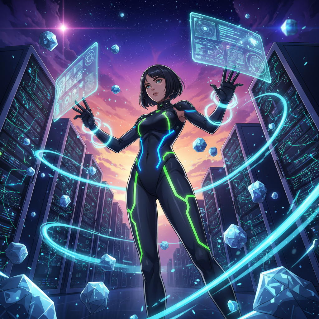 Anime validator operator managing blockchain infrastructure in futuristic control room